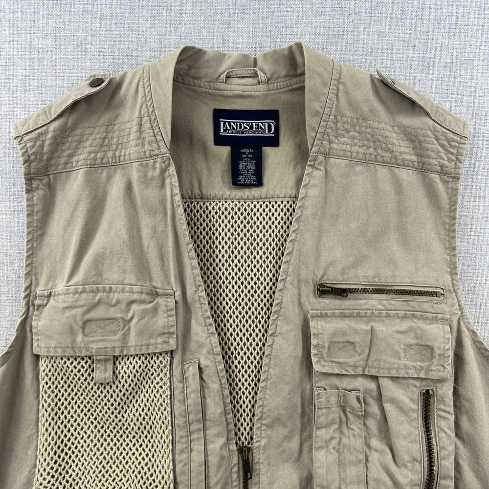 Lands‎ End Khaki Cotton Multi Pocket Utility Fishing Vest Men Medium Safari GORP